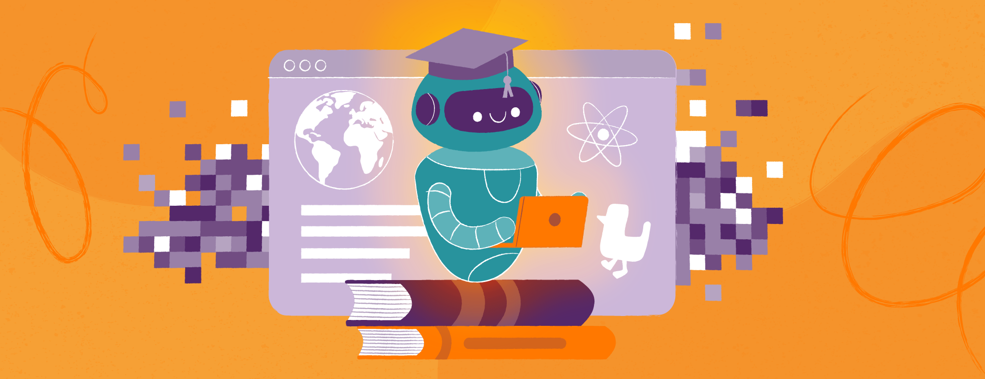 Uśmiechnięty robot w czapce absolwenta trzyma tablet, stojąc na stosie książek przed ekranem pokazującym kulę ziemską, atom i logo Pythona. Tło jest pomarańczowe z pikselowymi efektami cyfrowymi.