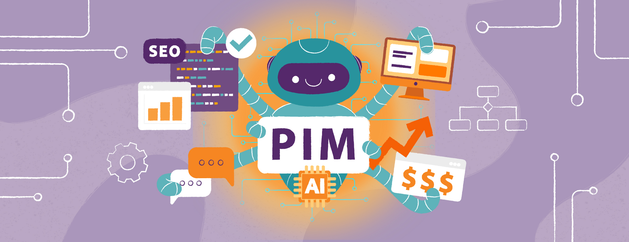 Wesoły robot z wieloma ramionami trzyma znak z napisem "PIM AI", otoczony ikonami SEO, wykresów, wiadomości, komputera, pieniędzy i diagramów sieciowych, reprezentujących zarządzanie informacjami o produkcie oparte na sztucznej inteligencji.