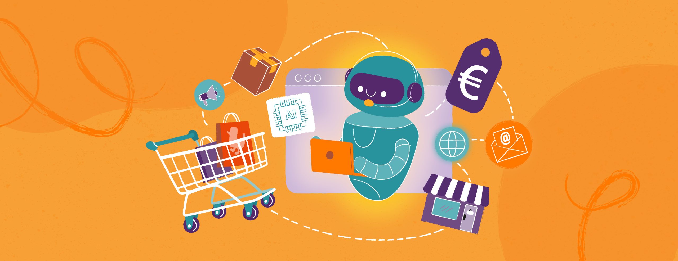 Ilustracja robota trzymającego laptopa, otoczonego ikonami reprezentującymi zakupy online i zastosowanie AI w e-commerce, w tym koszyk, paczka, metka z ceną, megafon, witryna sklepowa, e-mail i kula ziemska na pomarańczowym tle.