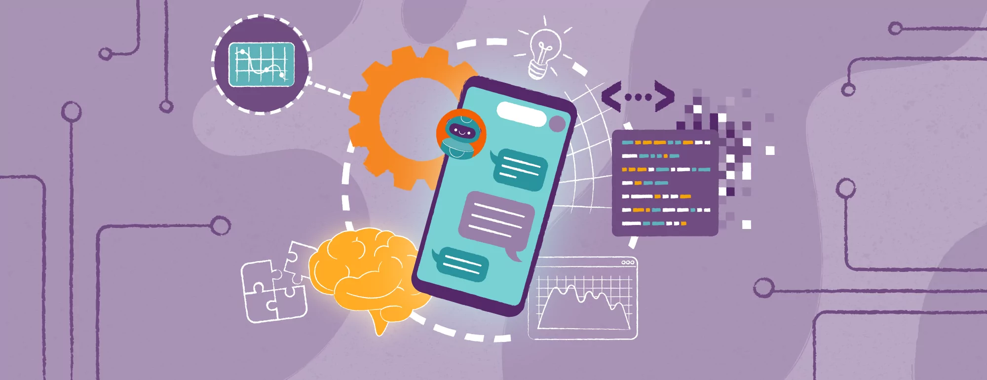 Ilustracja smartfona wyświetlającego dymki czatu, otoczonego ikonami - mózgu, wykresu, kół zębatych, puzzli, kodu i żarówki - symbolizującymi sztuczną inteligencję, uczenie maszynowe, koncepcje technologiczne i rozwój handlu agentowego.