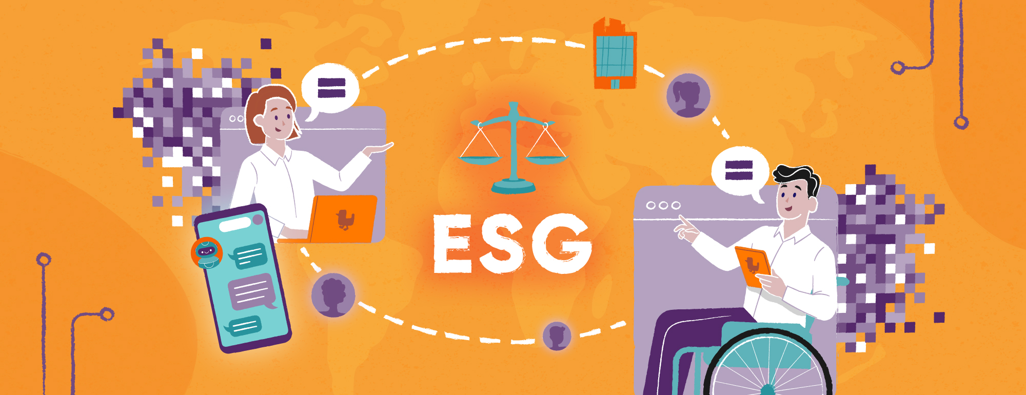 Komiks przedstawiający ludzi siedzących przy stole i dyskutujących o ESG w praktyce.