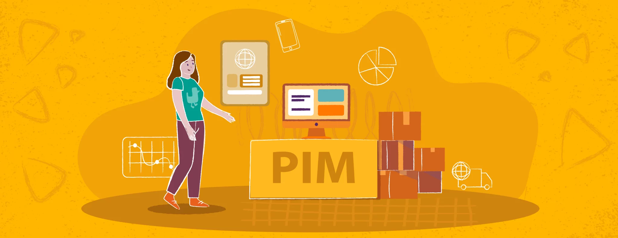Illustration of a woman standing near a desk labeled PIM with a computer on it, cardboard boxes, charts, and digital device icons in the background, all in various shades of yellow and orange.