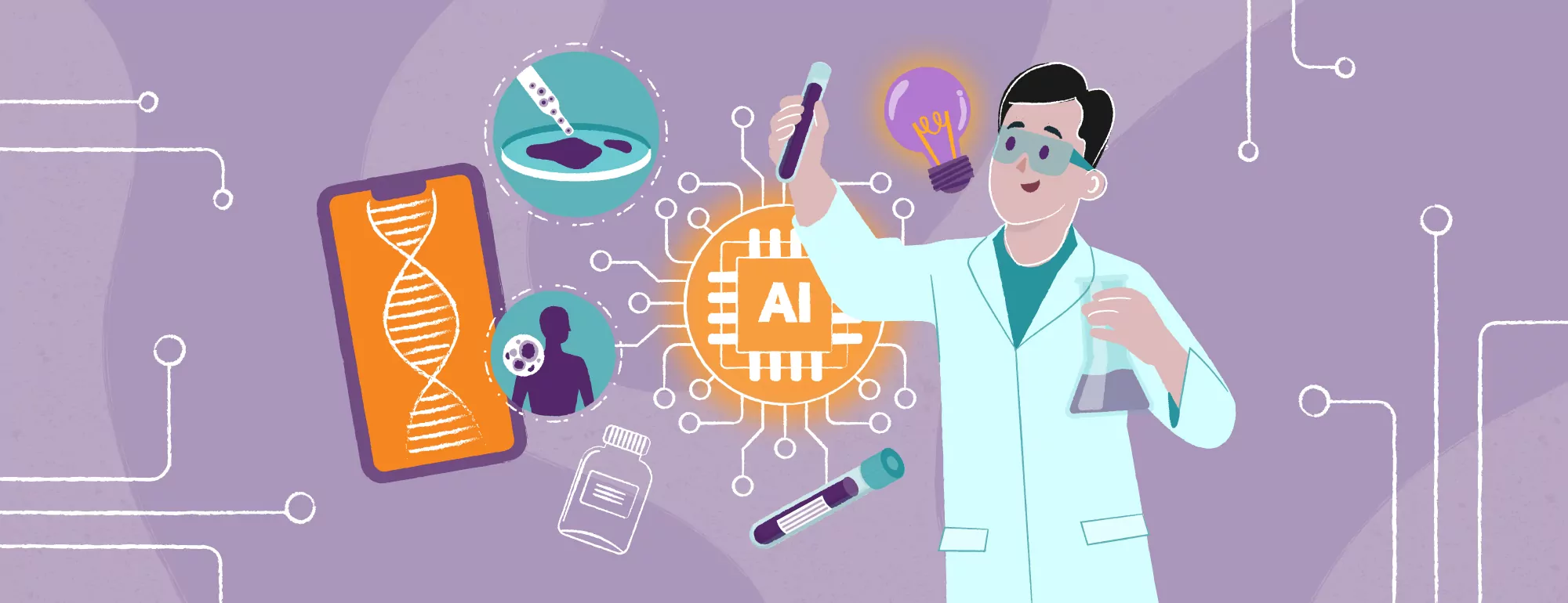 A scientist in a lab coat holds a test tube, surrounded by icons of DNA, AI, a microscope, a medicine bottle, and a light bulb, symbolizing the intersection of artificial intelligence and scientific research.