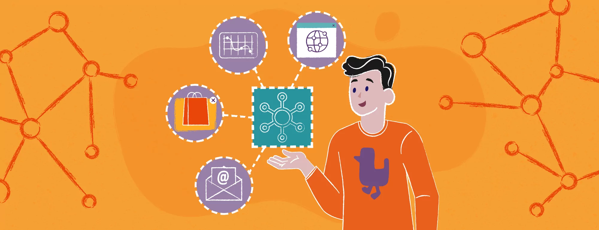 Ilustracja przedstawiająca osobę trzymającą ikonę sieci cyfrowej, otoczoną ikonami zakupów, poczty e-mail, kalendarza, kuli ziemskiej i wykresu, wszystko na pomarańczowym tle z abstrakcyjnymi połączonymi kropkami.