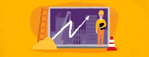 Illustration of a construction site with a worker holding a clipboard, standing next to a chalkboard showing an upward-trending graph, with a ladder, cone, and pile of sand in the foreground.